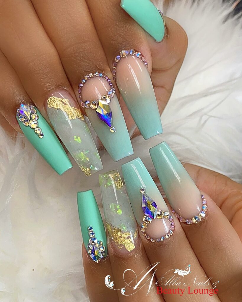 30 Latest Mint Green Nail Ideas To Try Today! 25 Dazzling Mint Green Nails with Rhinestones