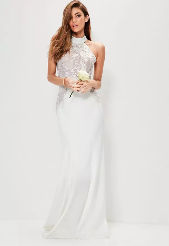 Missguided Bridal White High Neck Lace Detail Maxi Dress-£120