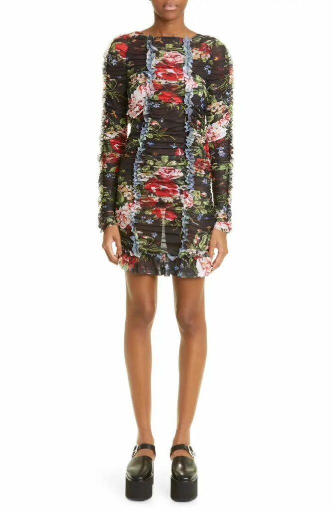 Molly Goddard Harley Floral Print Ruched Long Sleeve Mesh Minidress