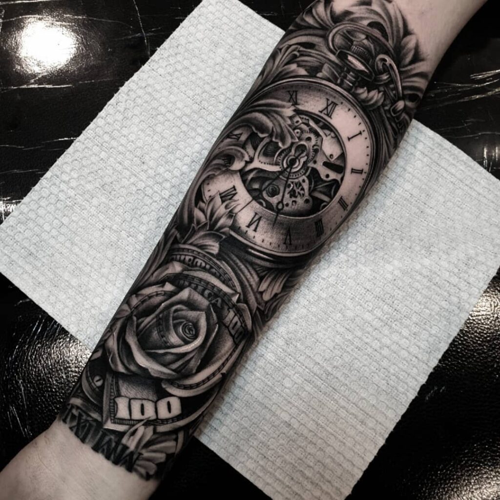 11+ Money Flower Tattoo Ideas That Will Blow Your Mind! 13 Money Rose Arm Sleeve Tattoo Design With A Time Piece