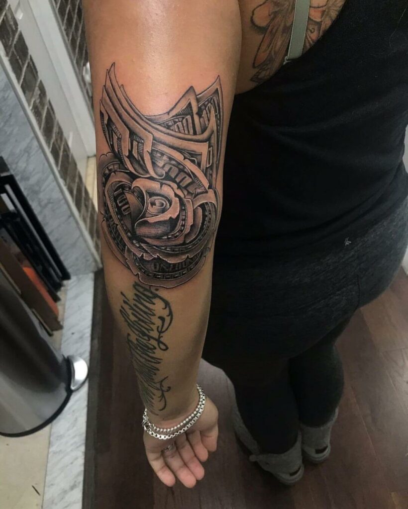 11+ Money Flower Tattoo Ideas That Will Blow Your Mind! 15 Money Rose Tattoo On Elbow Design