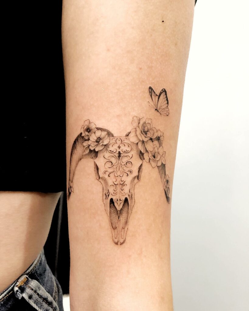 10+ Capricorn Tattoos For Females That Will Blow Your Mind! 11 Monochromatic Goat Capricorn Tattoo On Arm