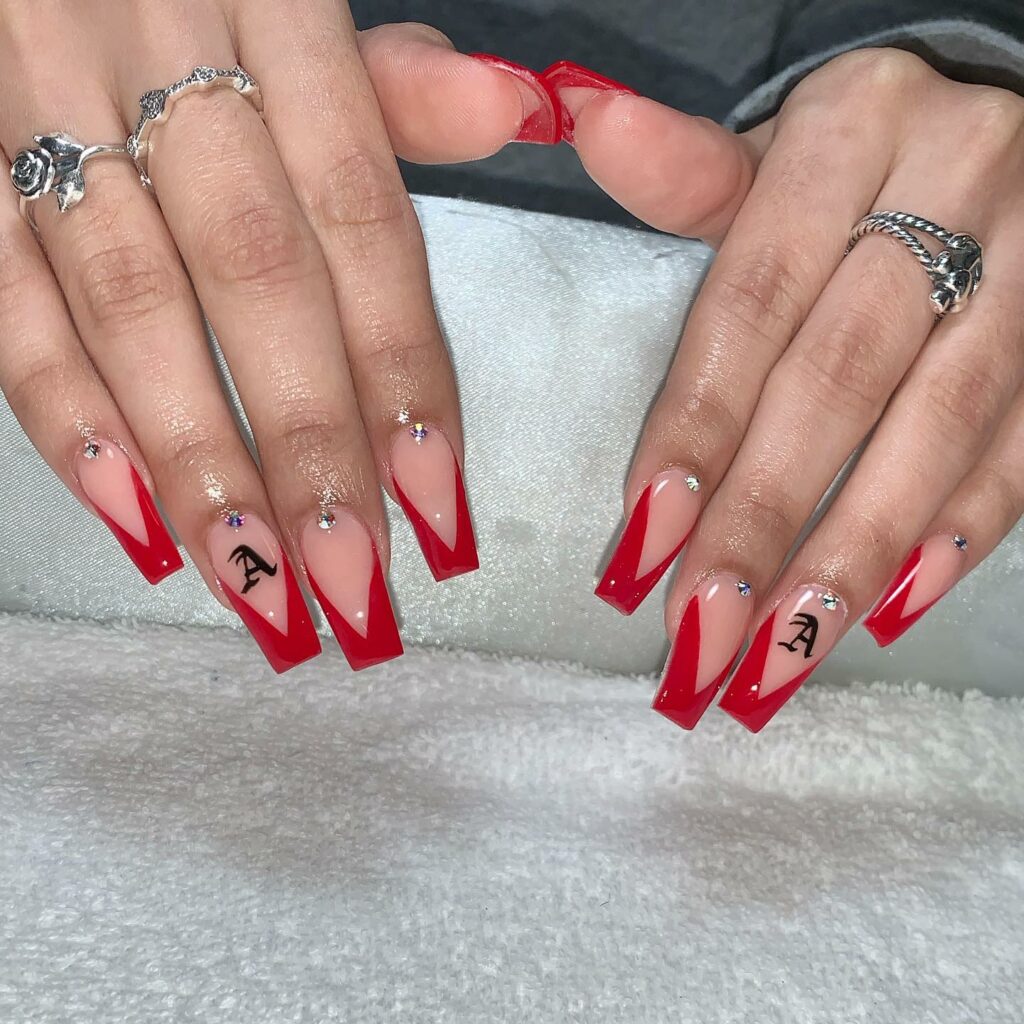 Go Bold with 40 Red Coffin Nail Designs in 2024 29 Monogrammed Initials