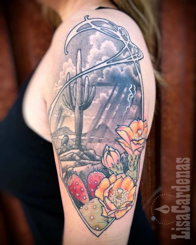 11+ Colorful Half Sleeve Tattoo Ideas That Will Blow Your Mind! 15 Monsoon Storm & Prickly Pear Half Sleeve Tattoo