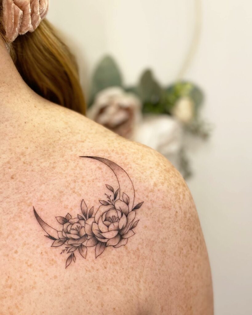 12+ Moon with Flowers Tattoo Ideas To Inspire You! 20 Moon Tattoo With Flower On Shoulder