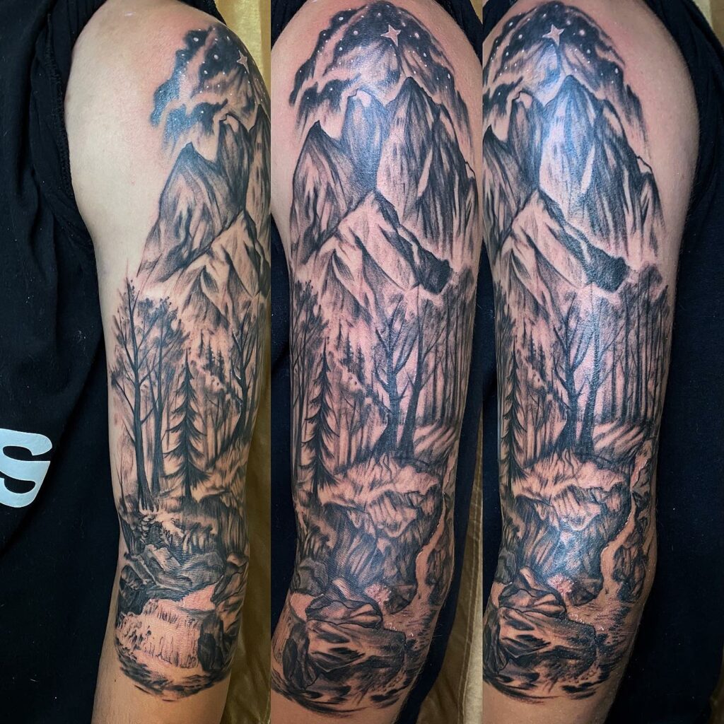 11+ Nature Tattoo Sleeve That Will Blow Your Mind! 7 Mountain Scenery Tattoo