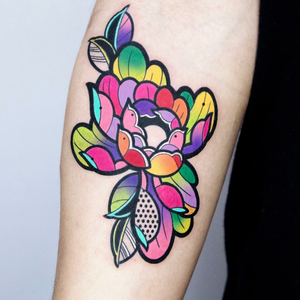 11+ Traditional Tattoo Flowers Ideas That Will Blow Your Mind! 15 Multicoloured Unique Tattoo With Ruffled Petals