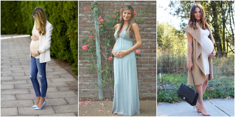 What to Wear to a Baby Shower 24 Three pregnant women show off beautiful baby shower styles: ripped jeans with blue heels, white top and cream blazer; green maxi dress; white body con dress with camel coloured coat
