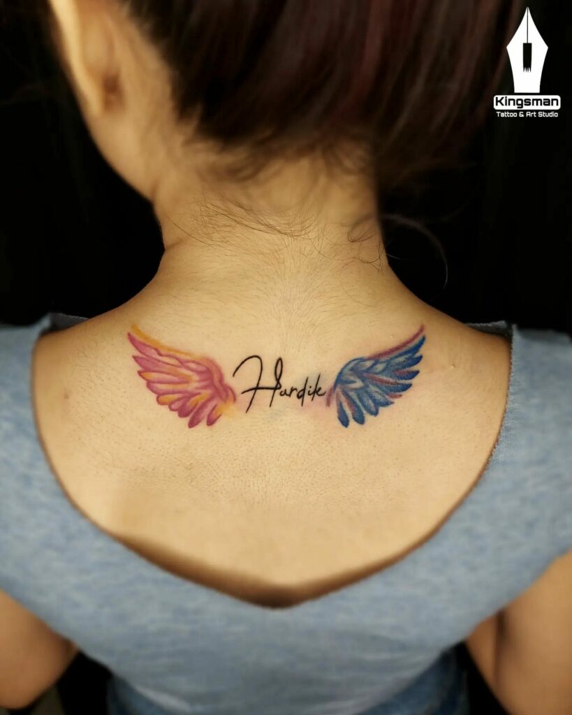 10+ Name Tattoo On Neck Ideas That Will Blow Your Mind! 18 Name With Wings Tattoo On Neck