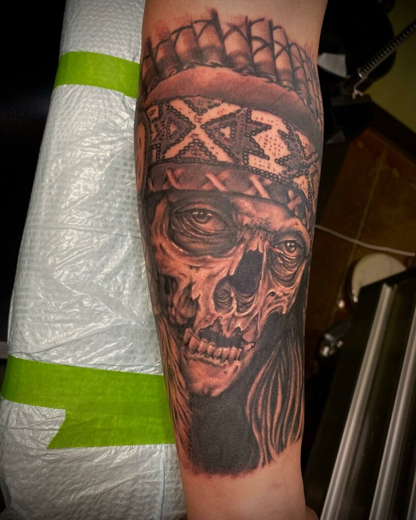 12+ Western Tattoo Sleeve Ideas To Inspire You! 13 Native American Combined With Skull Western Sleeve Tattoo Design