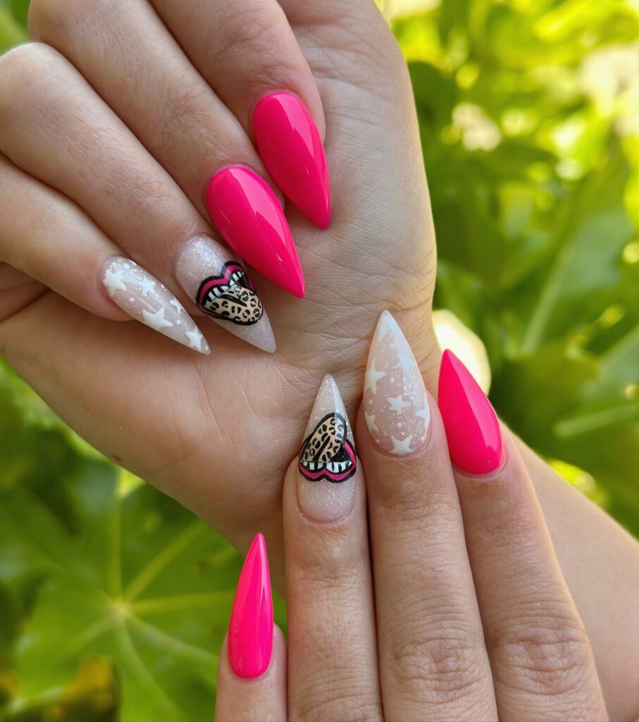 35 Latest Short Stiletto Nail Ideas to Try in 2024! 15 Neon Pink and Lace Short Stiletto Nails