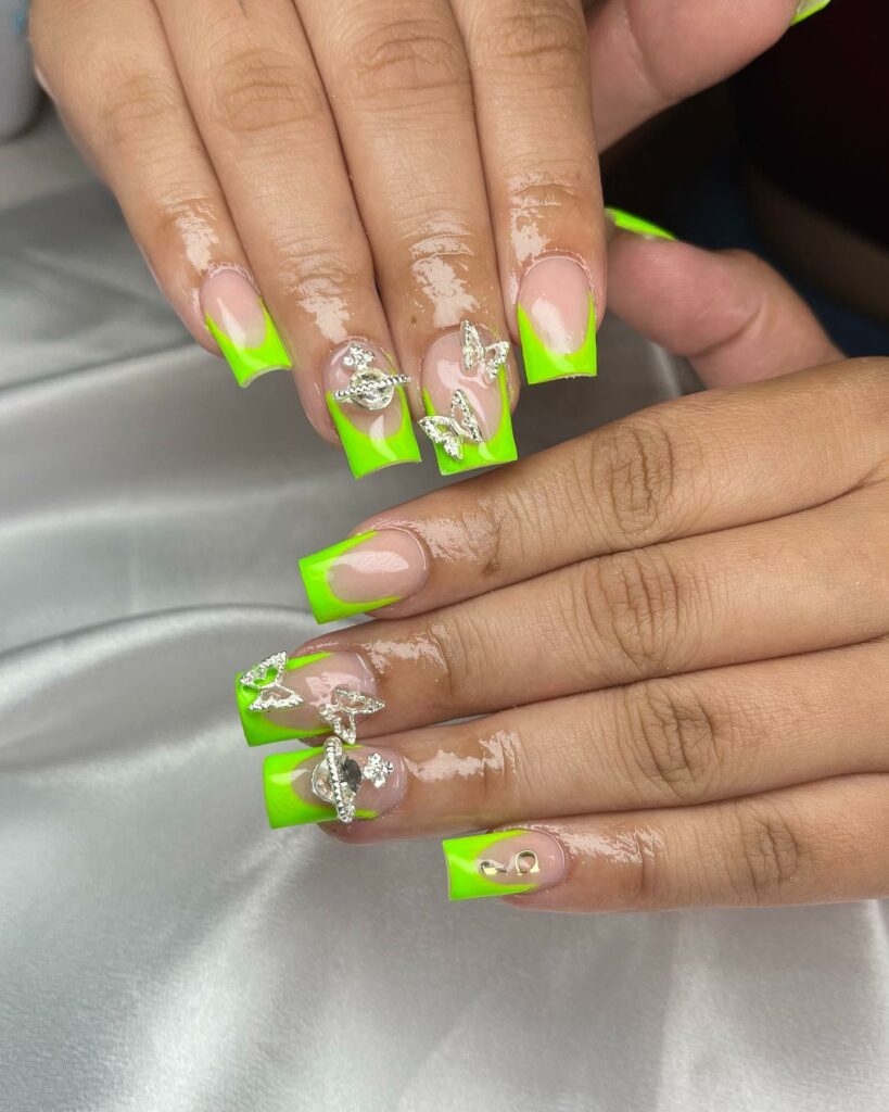 Try in 2024: 50 Latest Neon Green Nail Designs 49 Neon Stripes and Dots