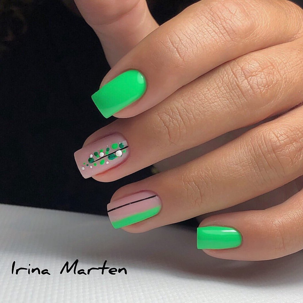 20 Latest Green Nail Designs To Try Today ✨ 12 Neon Green Splendor with Rhinestone Accents