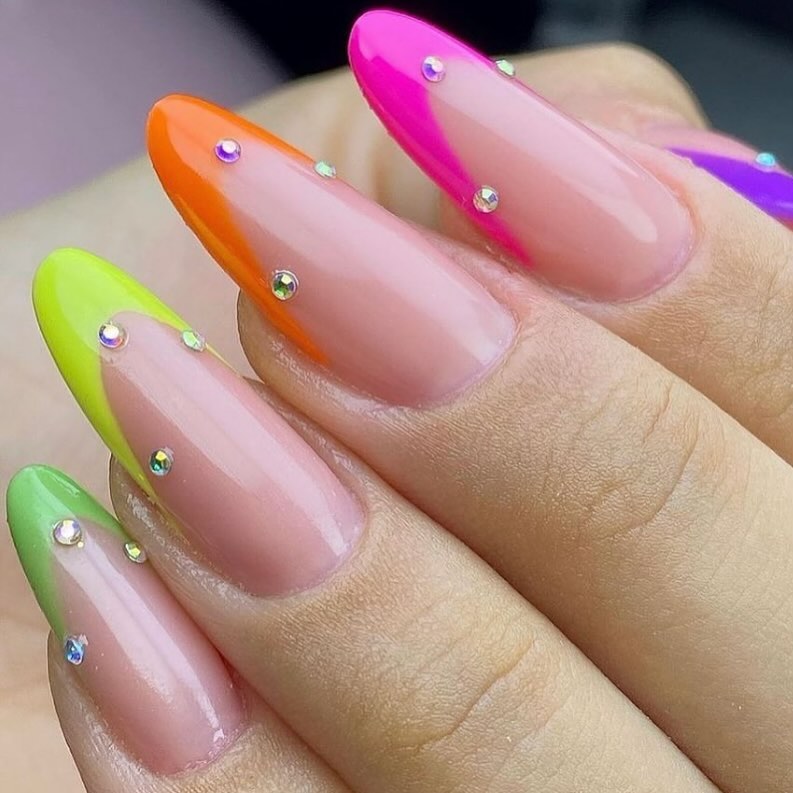 20 Latest Green Nail Designs To Try Today ✨ 21 Neon Ombre Stiletto Nails with Rhinestones