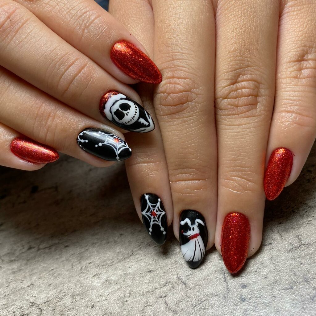 20 Latest Black Christmas Nails Ideas To Inspire You In 2024! 26 Nightmare Before Christmas Red and Black Nails