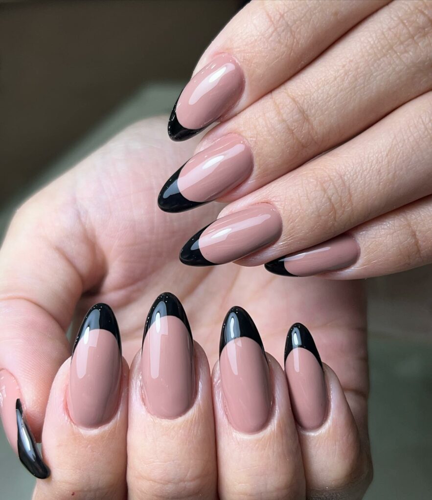 30 Latest Black Almond Nail Ideas To Try In 2024! 22 Subtle Drama Nude Black Almond-Shaped Nails