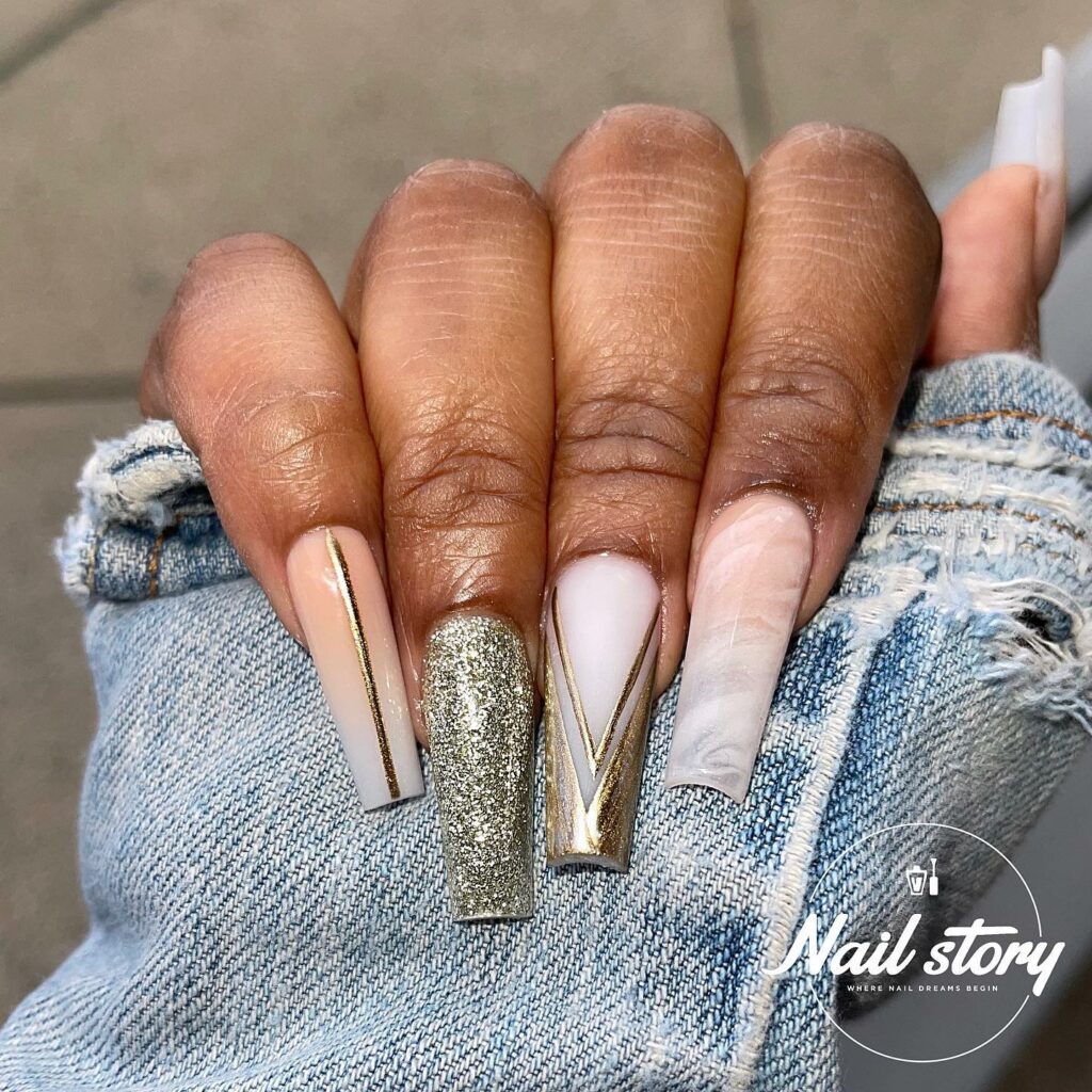 24 Latest Long Nail Designs To Try In 2024! 29 Nude Glitter Ombre Accent Nails