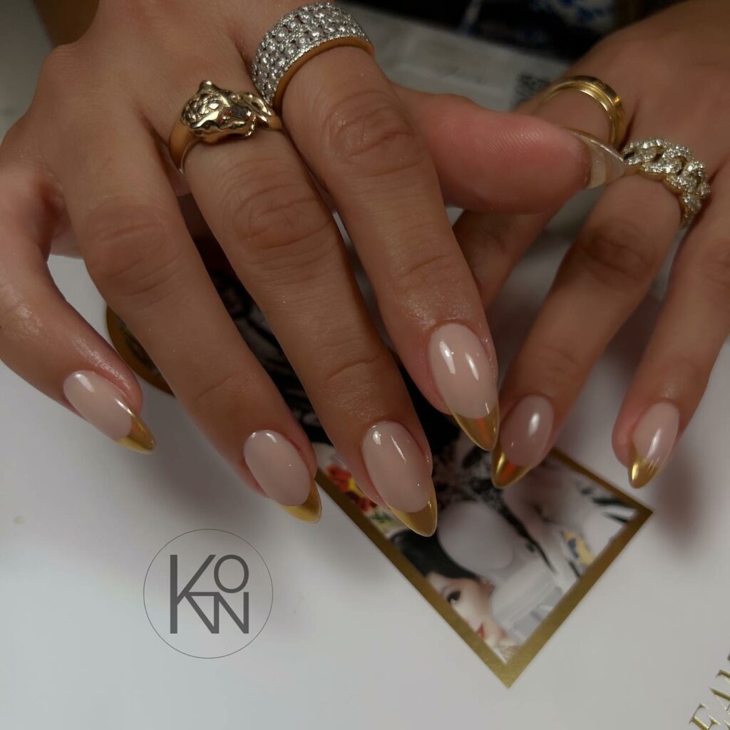 55 Latest Gold French Tip Nail Ideas To Try In 2024! 33 Nude Gold French Nails