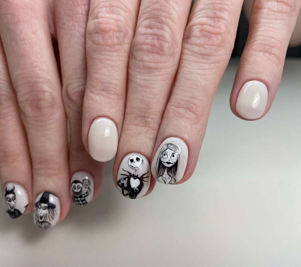 30 Latest Nightmare Before Christmas Nails Ideas! 10 Nude Round Nightmare Before Christmas Nails