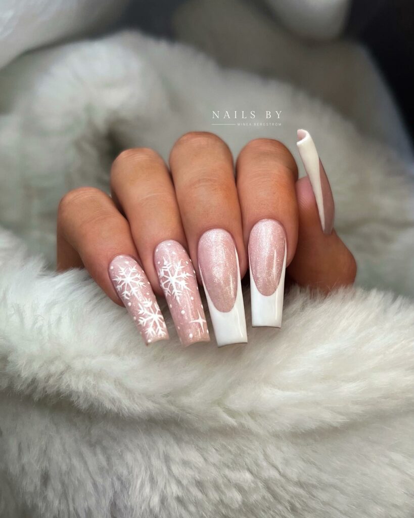 Celebrate with 30 Christmas Coffin Nail Ideas in 2024 15 Nude and French White Christmas Coffin Nails