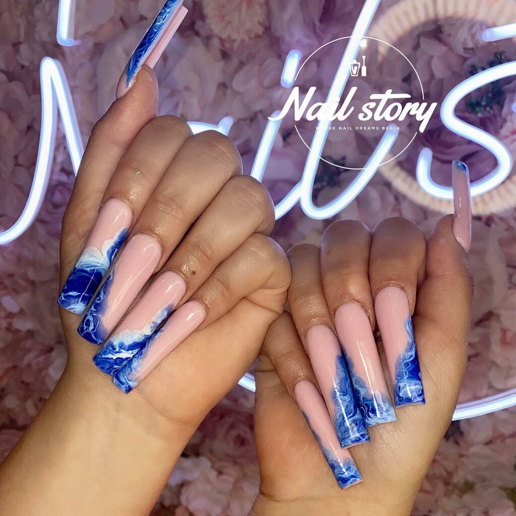 29 Latest Long Square Acrylic Nail Designs To Try In 2024! 18 Nude Pink with Watercolor Azure Accents
