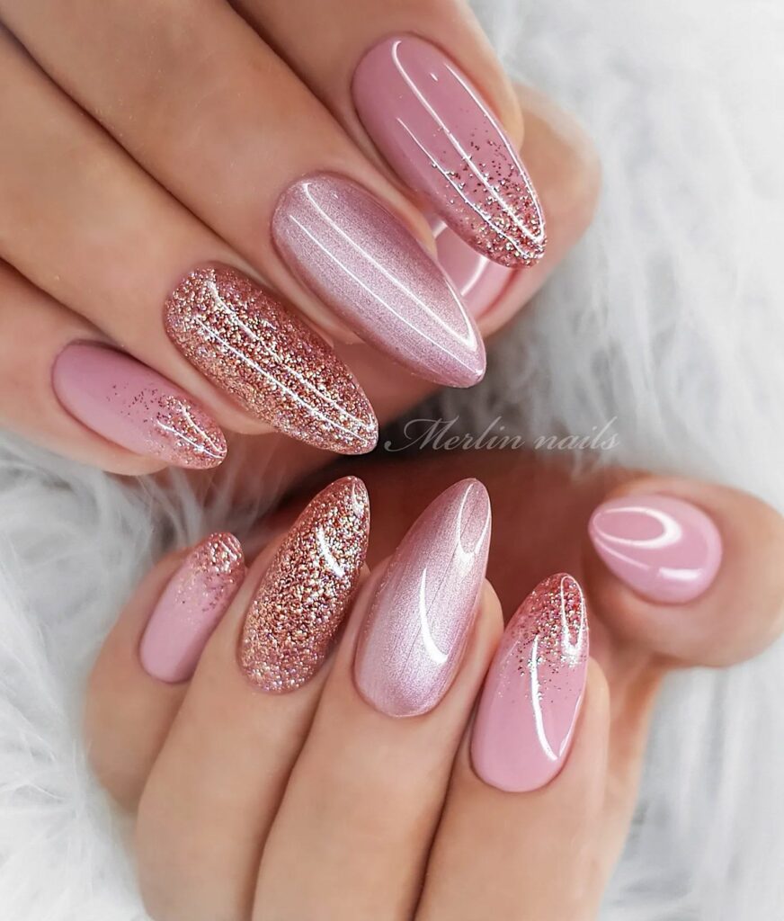 Shine Bright with 50 Rose Gold Nail Designs for 2024 15 Nude rose gold nails