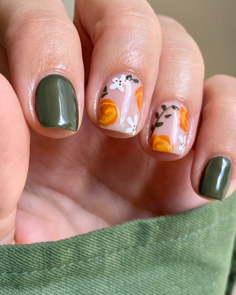 Explore 44 Olive Green Nail Designs in 2024 12 Olive Blooms on Green Base
