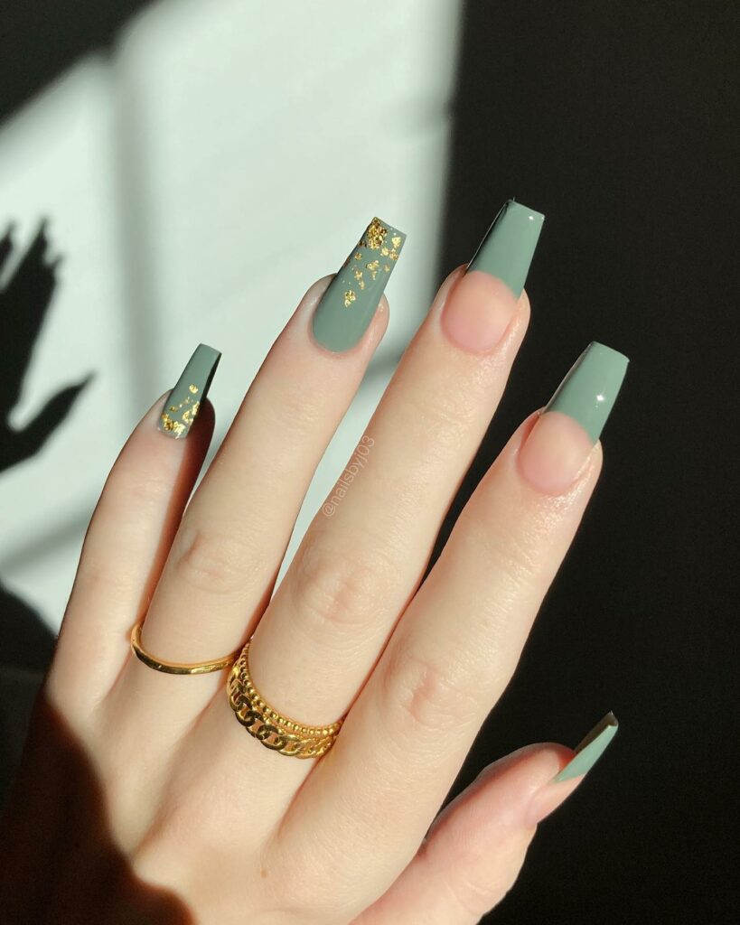 Explore 44 Olive Green Nail Designs in 2024 33 Olive Green Nails with Gold Foil Accents