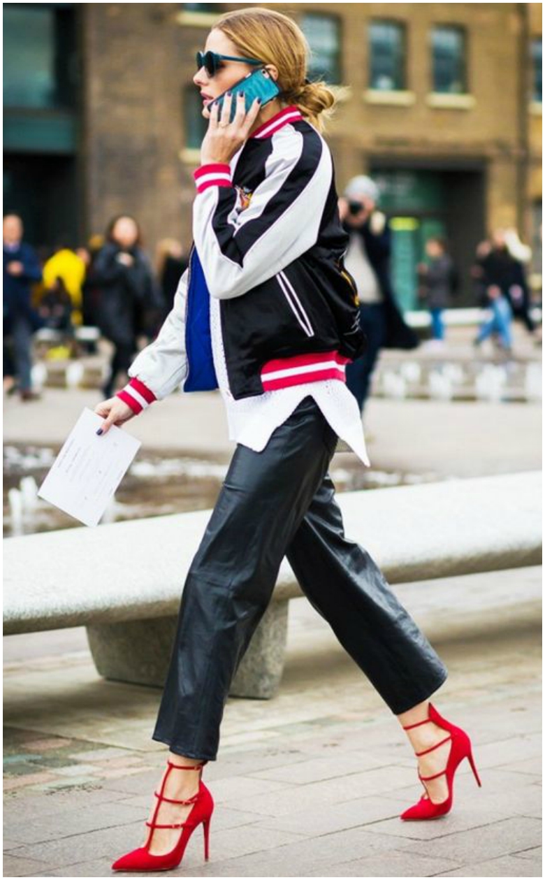 15 of the Best Women's Bomber Jackets 25 Olivia Palermo in sporty style bomber jacket, white shirt, leather trousers and heels
