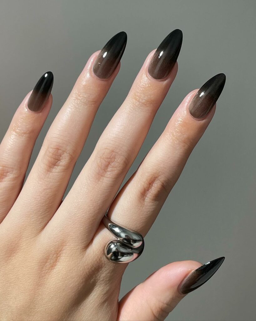 30 Latest Black Almond Nail Ideas To Try In 2024! 17 Mystical Gradient Ombre Black Almond Nails