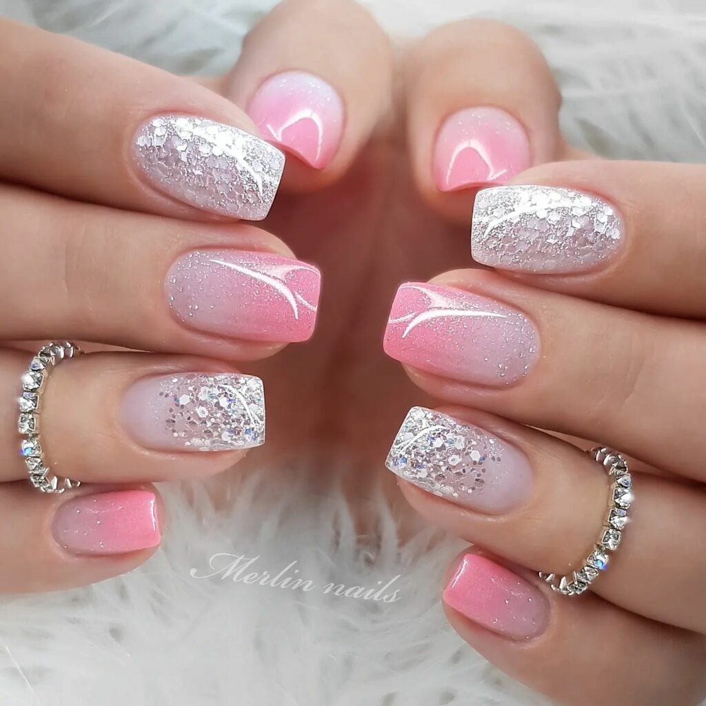 Charming Pink and White Ombre Nail Ideas for 2024 💗 27 Ombre Nails with Sparkly Glitter