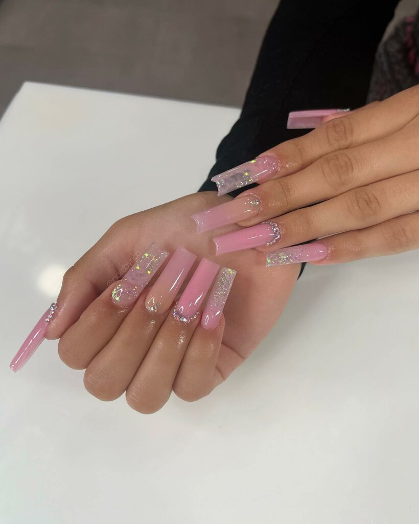 29 Latest Long Square Acrylic Nail Designs To Try In 2024! 24 Gradient Pink on Square Acrylic Nails
