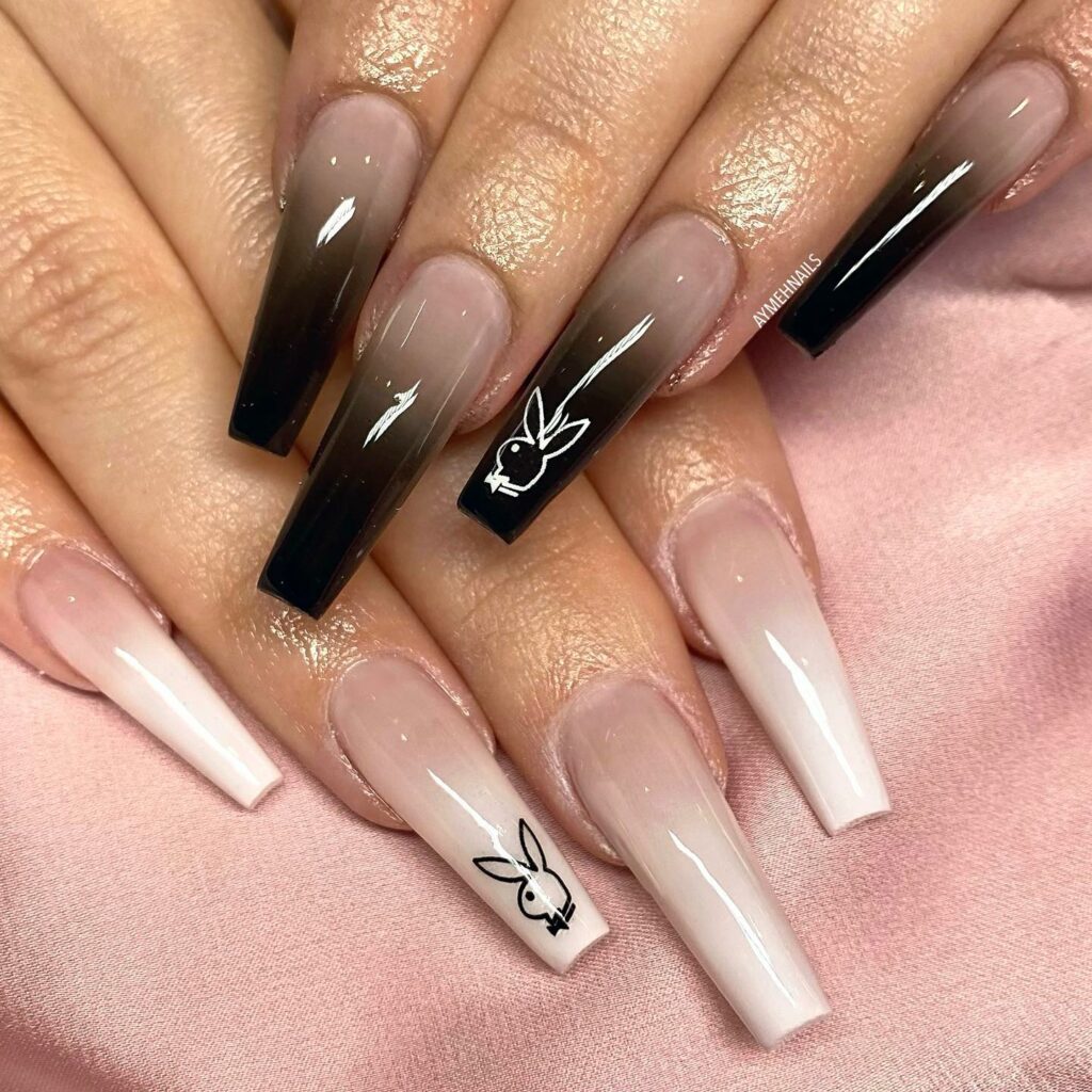 28 Stunning Playboy Nail Designs for 2024 14 Ombre White and Black Playboy Nails