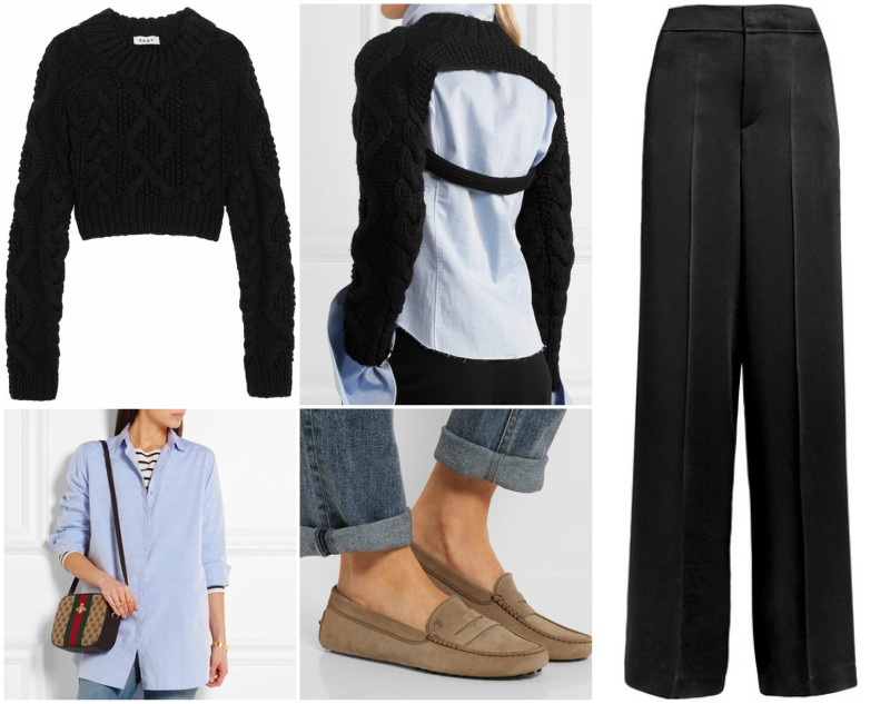 10 Best Backless Sweaters and How to Style Them 19 Open-back cable-knit merino wool sweater - £390 / Oversized cotton-poplin shirt - £155 / Ampio crepe de chine wide-leg pants - £380 / Gommino suede loafers - £260