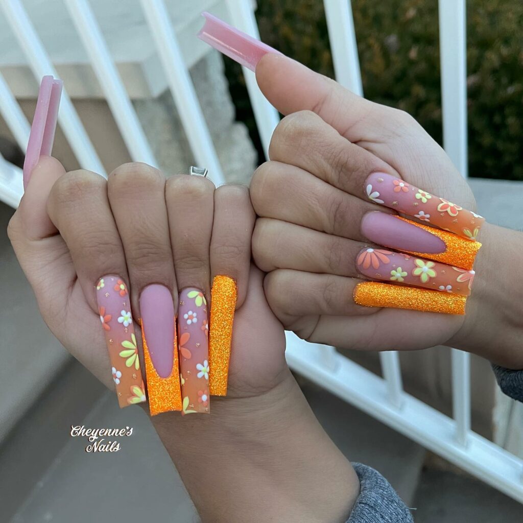 33 Latest Orange Acrylic Nail Ideas To Try in 2024! 29 Orange Acrylic Nails with Florals