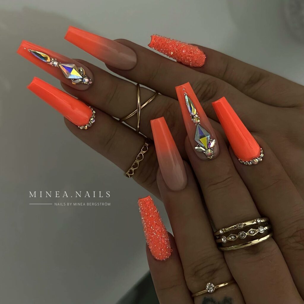 33 Latest Orange Acrylic Nail Ideas To Try in 2024! 21 Orange Acrylic Nails with Gems
