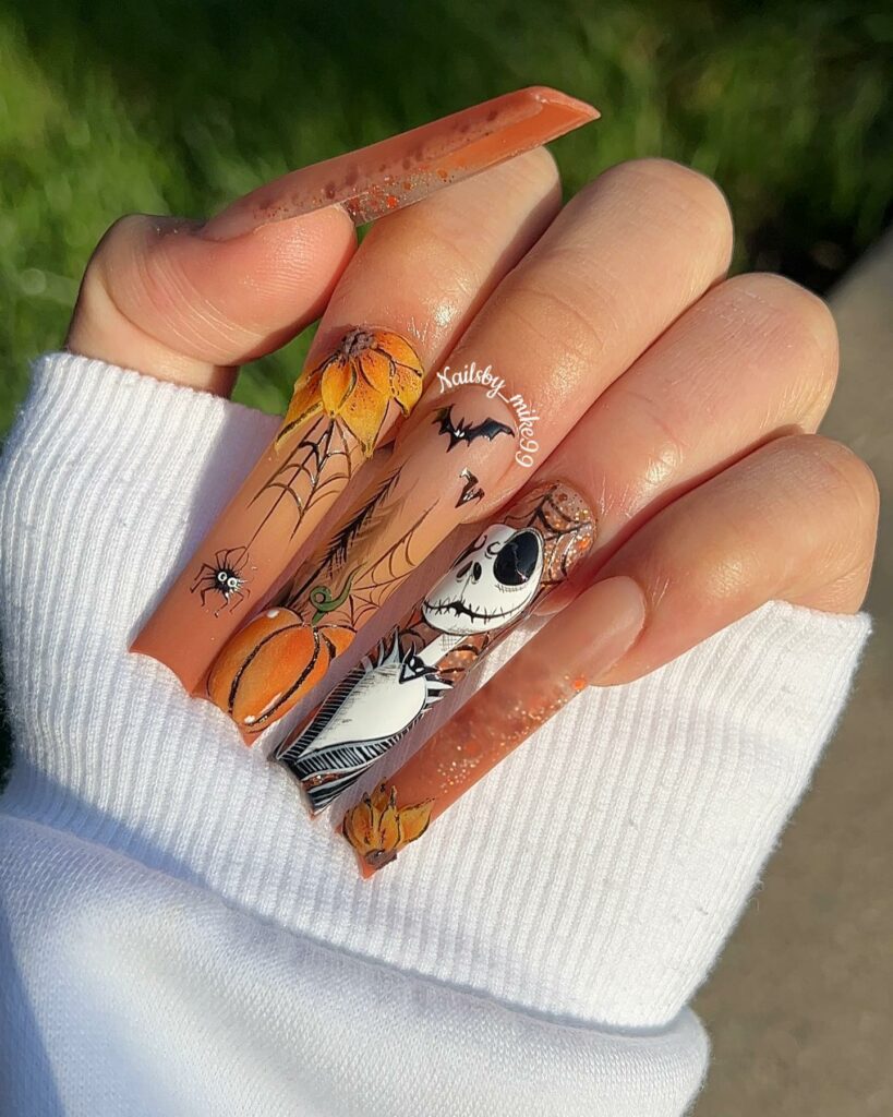 30 Latest Nightmare Before Christmas Nails Ideas! 14 Orange Acrylic Nightmare Before Christmas Nails