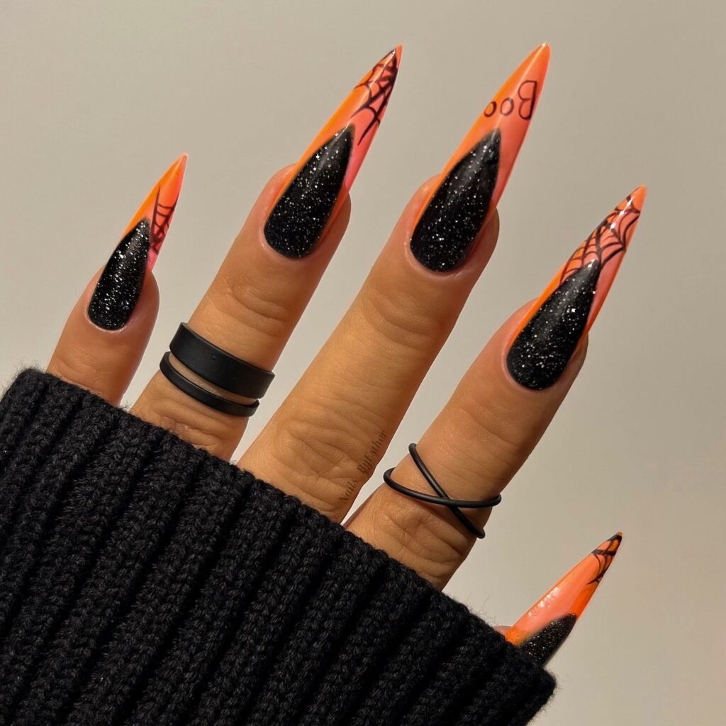 50 Latest Stiletto Nail Ideas To Try 2024! 18 Orange Stiletto Nails with Spiderweb Accents