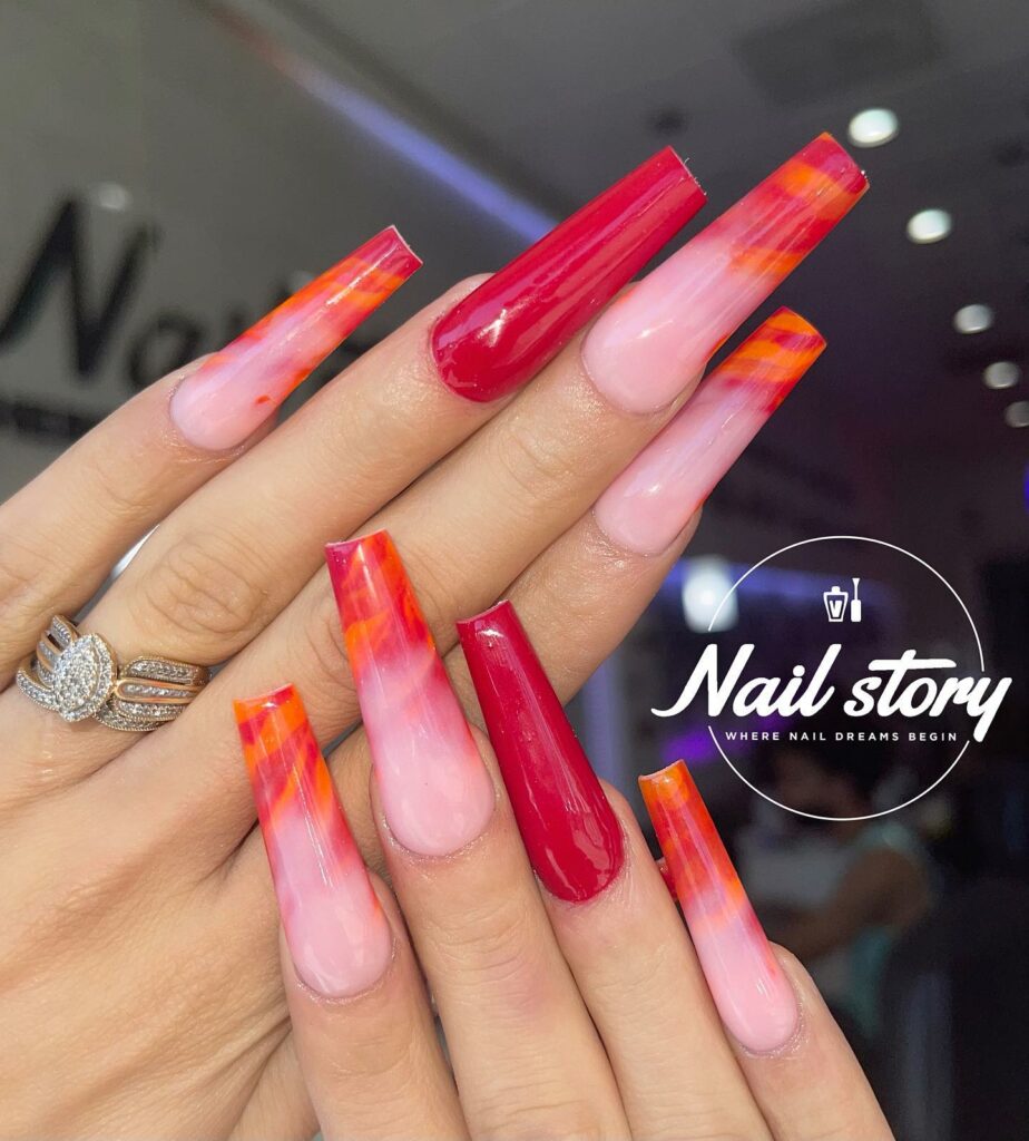 Explore 34 Red Acrylic Nail Designs To Try in 2024 32 Orange and Red Acrylic Nails