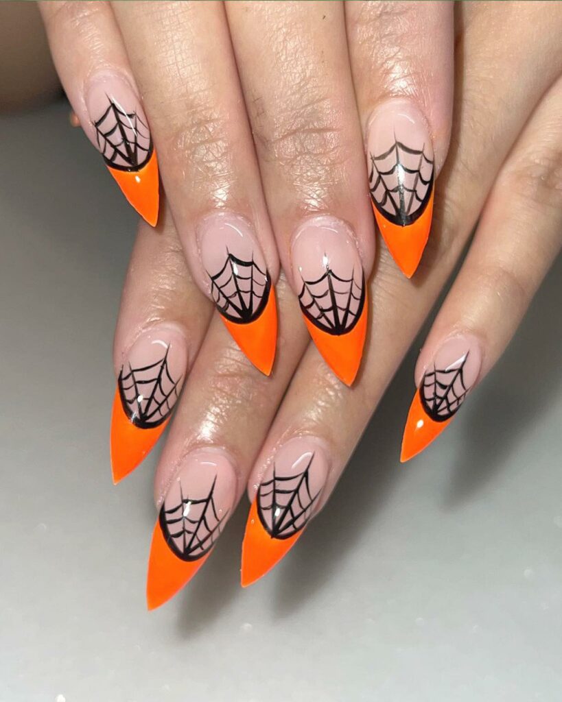 55 Latest Spider Web Nail Designs To Try In 2024! 23 Orange spider web nails