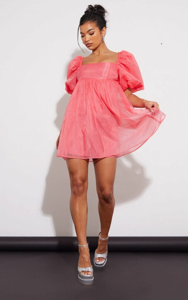PINK PUFF SLEEVE ORGANZA SHIFT DRESS