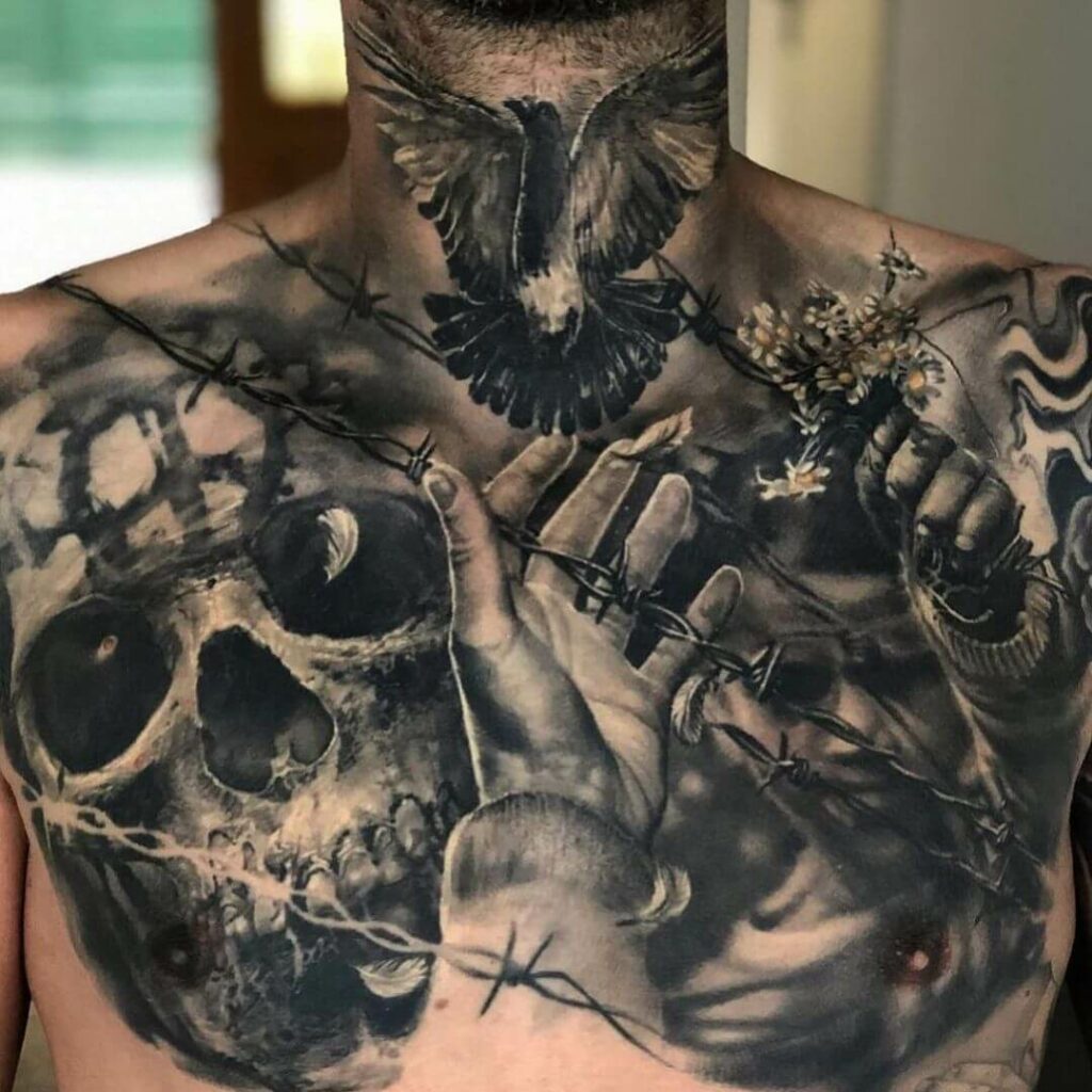 13+ Chest Tattoo Men Ideas To Inspire You! 16 Peace and War Chest Tattoo
