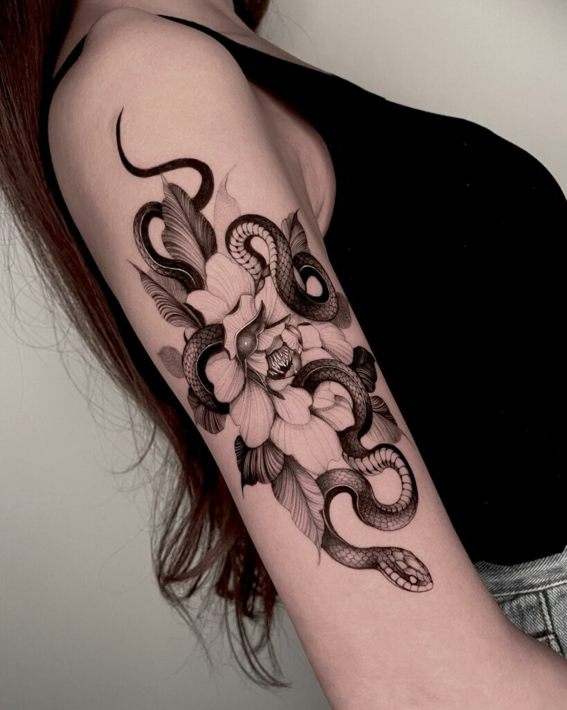 11+ Snake Flower Tattoo Ideas That Will Blow Your Mind! 12 Peonies Surrounding Snake Tattoos