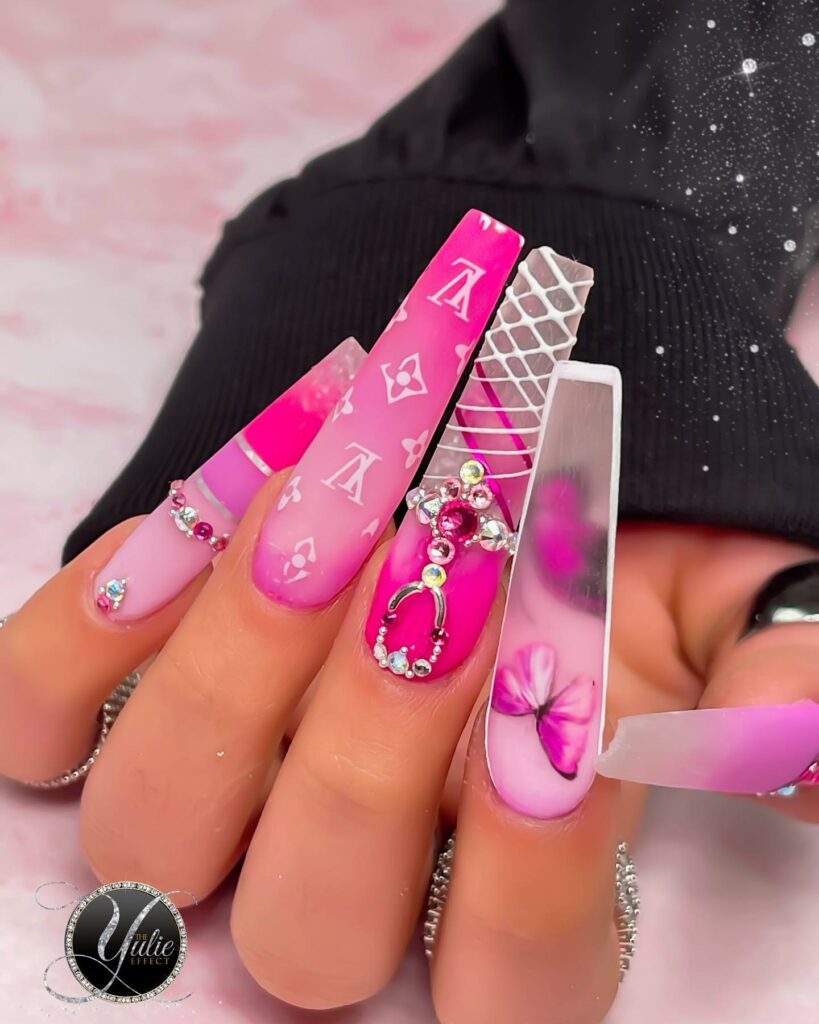25 Latest Louis Vuitton Nails To Try In 2024 20 Pink Acrylic Ombré Nails with Louis Vuitton Flair