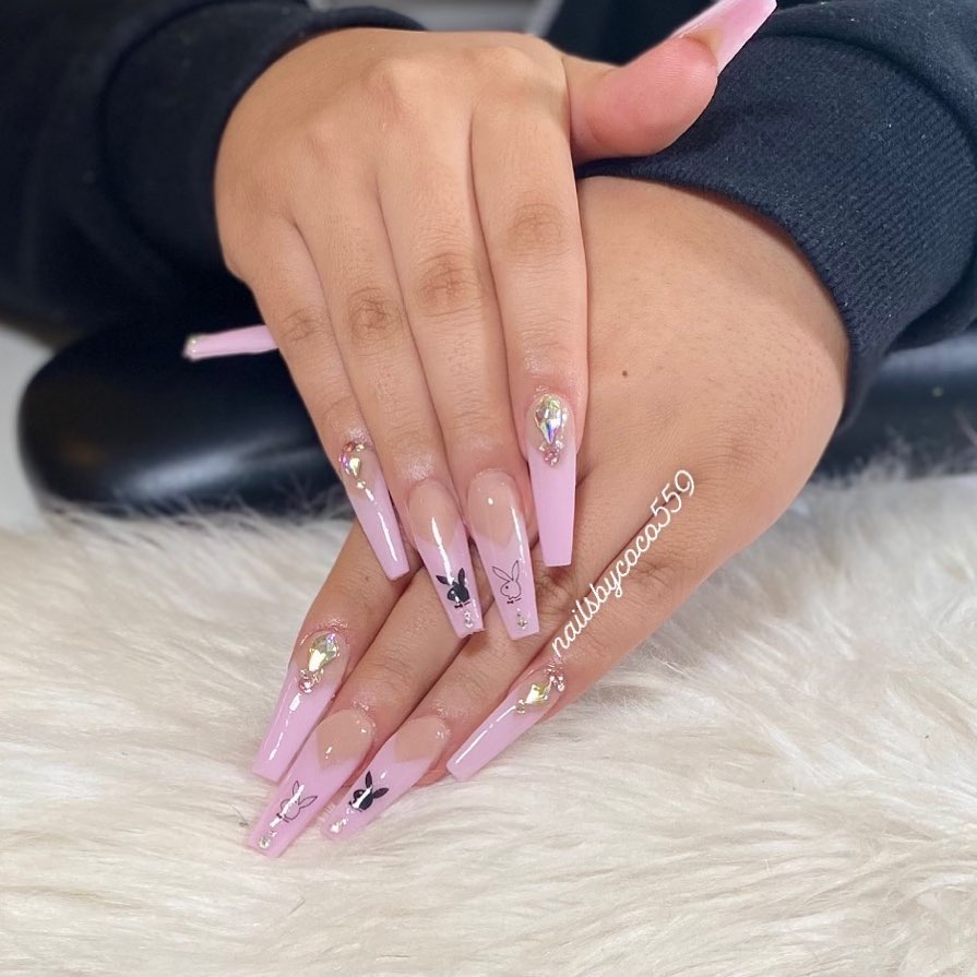 28 Stunning Playboy Nail Designs for 2024 32 Playboy Charm in Pink Acrylics
