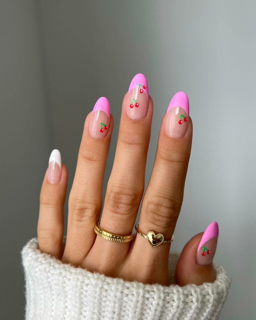 20 Latest Hot Pink French Tip Nails Ideas To Try In 2024! 11 Hot Pink French Nails Adorned with Cherry Designs