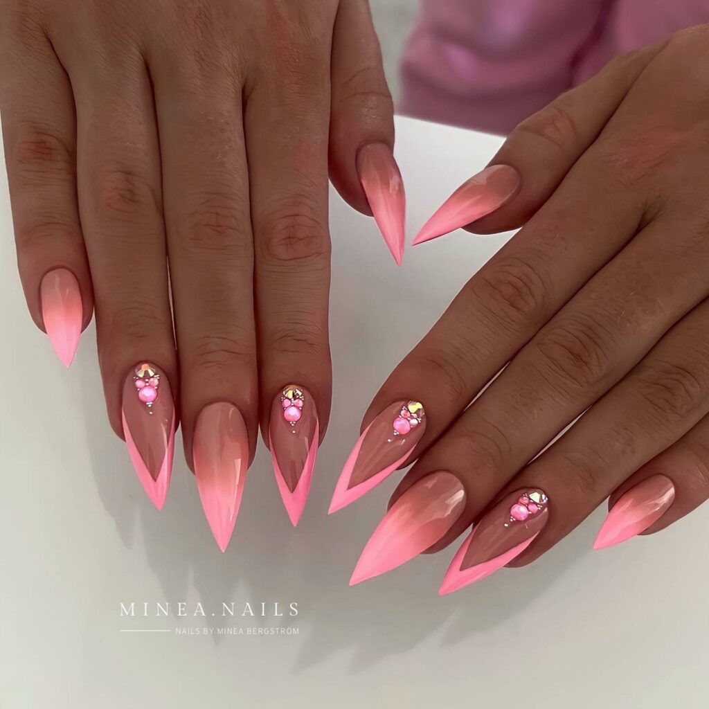 35 Latest Short Stiletto Nail Ideas to Try in 2024! 11 Pink French Short Stiletto Nails with Gems