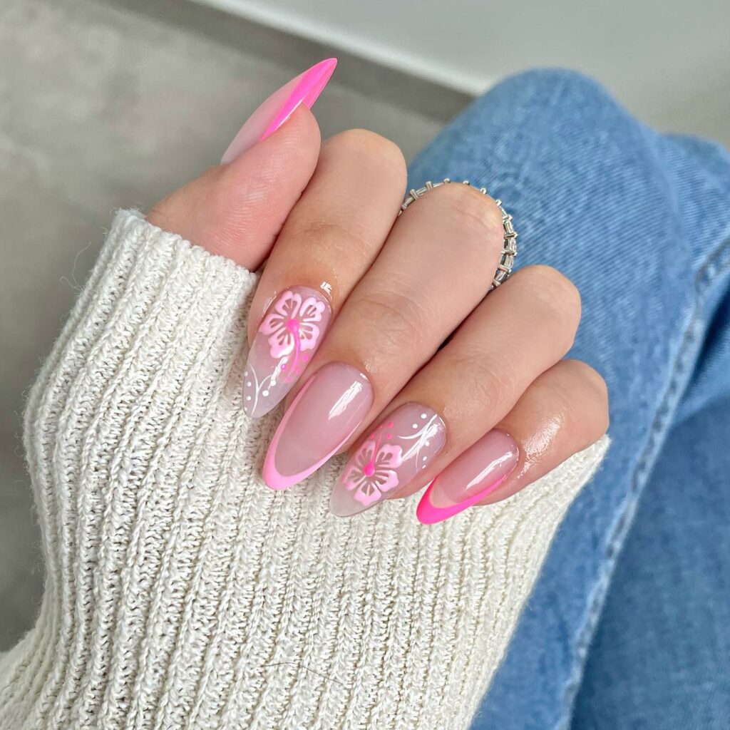 22 Latest Preppy Nail Ideas To Try In 2024! 33 Blooming Pink French Tips with Flowers in Preppy Nails