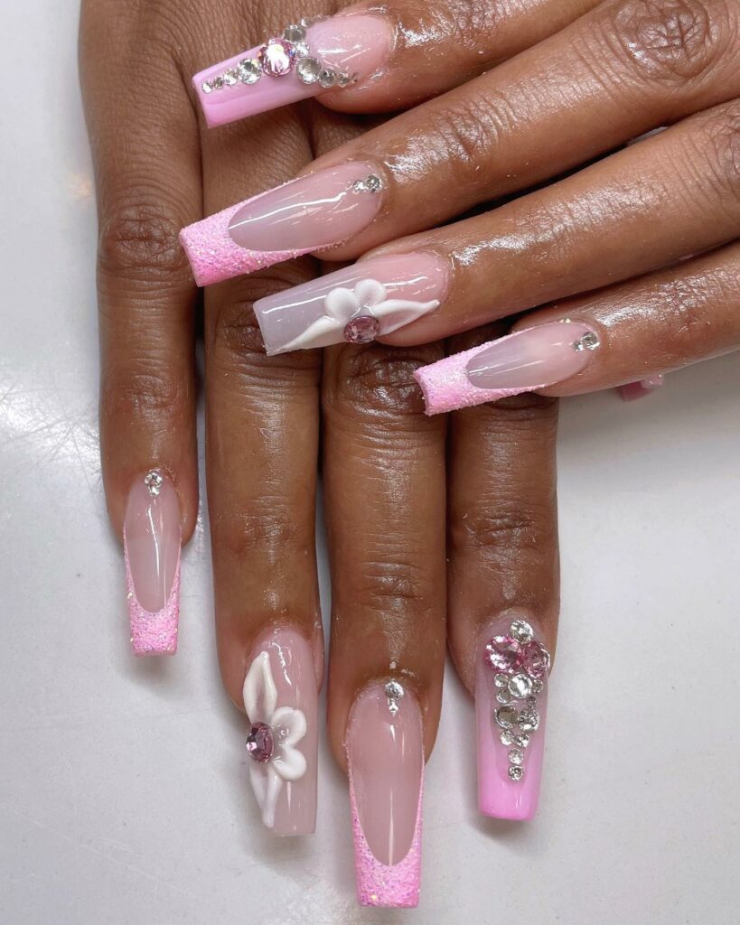 Charming Pink and White Ombre Nail Ideas for 2024 💗 19 Pink Glitter Ombre with Rhinestones