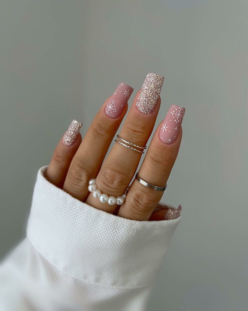 Sparkle and Shine with 33 Glitter Christmas Nail Ideas in 2024 22 Pink Glitter Christmas Nails with Snowflake